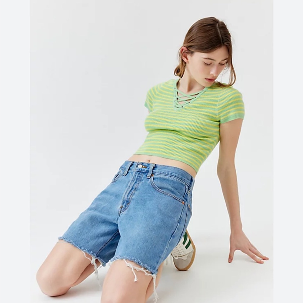 UO BDG Harley Lace Up Short Sleeve Sweater in Green/Yellow